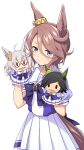  1girl animal_ears bandaid bandaid_on_cheek bandaid_on_face biwa_hayahide_(umamusume) black_hair blue_eyes blush bnw_(umamusume) bow bowtie breasts brown_hair character_puppet closed_mouth commentary ear_ornament glasses grey_hair hair_between_eyes hair_ornament hairclip hand_puppet highres horse_ears horse_girl horse_tail long_hair looking_at_viewer narita_taishin_(umamusume) odawara_hakone puffy_short_sleeves puffy_sleeves puppet purple_bow purple_bowtie purple_shirt purple_skirt red-framed_eyewear sailor_collar sailor_shirt school_uniform semi-rimless_eyewear shirt short_hair short_sleeves skirt small_breasts solo sweatdrop tail tracen_school_uniform umamusume white_sailor_collar white_skirt winning_ticket_(umamusume) 