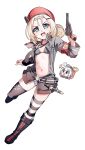  !? 2girls :d absurdres arm_behind_back asymmetrical_legwear beret bikini black_bikini black_bra black_jacket black_necktie blonde_hair blue_eyes blush boots bra braid braided_hair_rings breasts c96_(girls'_frontline) commission cross double_bun english_commentary full_body girls'_frontline girls'_frontline_2:_exilium gun hair_bun hair_ornament hair_rings hairclip hand_up handgun hat highres holding holding_gun holding_weapon iron_cross jacket knife looking_at_viewer mauser_c96 medium_hair mismatched_legwear mismatched_thighhighs mismatched_underwear mp5_(girls'_frontline) multiple_girls navel necktie no_pants open_clothes open_jacket panties peri_(girls'_frontline_2) red_hat senpaihawkkun simple_background small_breasts smile solo_focus stomach striped_clothes striped_panties striped_thighhighs surprised swimsuit thighhighs underwear weapon white_background 