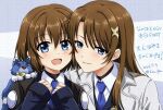  2026 2girls :d animal_on_shoulder artist_name blue_background blue_eyes bob_cut brown_hair coat collared_shirt commentary_request dated dog double-parted_bangs dress_shirt hair_between_eyes hair_ornament hair_tie long_hair long_single_sidelock long_sleeves looking_at_viewer lyrical_nanoha mahou_shoujo_lyrical_nanoha_exceeds:_gun_blaze_vengeance mahou_shoujo_lyrical_nanoha_strikers multiple_girls open_mouth parted_bangs parted_lips san-pon shirt short_hair side-by-side simple_background single_sidelock smile twitter_username two-tone_background upper_body white_background white_coat white_shirt wispy_bangs x_hair_ornament yagami_hayate zafira 