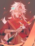  1boy bandaged_arm bandaged_hand bandaged_wrist bandages black_background bleeding blood blood_in_mouth blood_on_face bluemishelam closed_mouth commentary constricted_pupils curtained_hair double-parted_bangs eiyuu_densetsu embers english_commentary floating_embers hair_between_eyes hajimari_no_kiseki highres holding holding_sword holding_weapon ishmelga_rean long_hair long_sleeves looking_at_viewer male_focus messy_hair partially_shaded_face signature simple_background solo sword tachi_(weapon) upper_body weapon white_hair yellow_eyes 