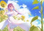  1girl absurdres ahoge bangs blue_hair blue_nails blue_sky blurry blurry_foreground blush braid breasts cloud colored_inner_hair day dress field floating_hair flower flower_field highres hololive long_hair medium_breasts minato_aqua multicolored_hair nail_polish nogami_(minamiituki) open_mouth outdoors pink_hair purple_eyes short_sleeves sky solo standing sunflower virtual_youtuber white_dress 
