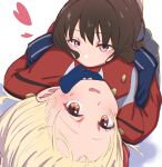  2girls between_breasts black_hair blonde_hair blue_bow blue_jacket blush bow breasts commentary_request dokusai_0207 face_between_breasts girl_on_top hair_ribbon head_between_breasts heart highres inoue_takina jacket long_hair looking_at_viewer lycoris_recoil lycoris_uniform multiple_girls nishikigi_chisato purple_eyes red_eyes red_jacket red_ribbon ribbon short_hair skirt yuri 