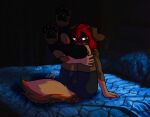 absurd_res anthro bed bent_legs black_pawpads blush brown_body bulge canid canine canis clothed clothing covering covering_face dani_(vampuppy) digital_media_(artwork) domestic_dog embarrassed eye_bags eyewear floppy_ears footwear fur furniture glasses glowing glowing_eyes gynomorph hair hi_res holding_both_legs intersex legs_up mammal on_bed pawpads paws red_hair round_glasses shy signature socks solo stirrup_socks tail text trans_(lore) trans_woman_(lore) underwear vampire vampuppy wearing_glasses yellow_eyes