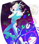  1boy arched_back closed_eyes collared_shirt commentary deltarune dio_brando dio_brando's_pose dt_sdr7 floating_hair flowery_(deltarune) from_behind hand_up highres jojo_no_kimyou_na_bouken jojo_pose long_hair male_focus omega_flowery pants photo-referenced shirt shoes smile solo stardust_crusaders utdr_(toby_fox) vest wing_collar 