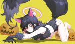  1girl :| absurdres all_fours animal_costume animal_ears ass_peek azema barefoot black_claws black_gloves black_hair black_tail blue_archive blush breasts cat_ears cat_girl cleavage closed_mouth colored_inner_animal_ears colored_inner_hair commentary extra_ears fake_claws full_body fur-trimmed_gloves fur_scarf fur_sleeves fur_trim gloves halloween_costume halo highres jack-o'-lantern kazusa_(blue_archive) kazusa_(halloween)_(blue_archive) looking_at_viewer medium_breasts multicolored_hair official_alternate_costume pink_hair pink_halo red_eyes short_hair skirt solo torn_clothes torn_skirt two-tone_hair under-elbow_gloves untranslatable_commentary wolf_costume yellow_background 