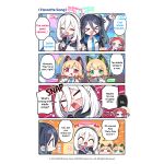  >_< 5girls :3 animal_ear_headphones animal_ears aqua_halo aris_(blue_archive) blonde_hair blue_archive blue_hair blue_necktie blunt_bangs blush bow character_name chibi collared_shirt commentary donmin_h dress_shirt english_commentary english_text fake_animal_ears flying_sweatdrops food food_on_face green_bow green_eyes hair_between_eyes hair_bow halo headphones highres holding holding_microphone indoors jitome kei_(blue_archive) kei_(student)_(blue_archive) long_hair long_sleeves medium_hair microphone midori_(blue_archive) momoi_(blue_archive) multiple_girls necktie no_mouth no_nose official_art pink_halo red_hair shirt siblings sisters smile speech_bubble twins v-shaped_eyebrows white_shirt yuzu_(armed)_(blue_archive) yuzu_(blue_archive) 