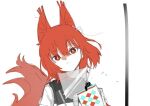  1girl animal_ears arknights armor bright_pupils earpiece flametail_(arknights) hair_between_eyes looking_at_viewer portrait red_eyes red_hair simple_background sketch solo squirrel_ears squirrel_girl squirrel_tail tail toto_(t0t00629) white_background white_pupils 