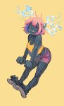  1girl absurdres bare_shoulders blue_hair bolt_(hardware) breasts cleavage clenched_hands colored_inner_hair colored_skin commentary crop_top dolphin_shorts electricity english_commentary feet flip-flops floating full_body grey_skin highres knees_up large_breasts looking_at_viewer midriff monster_girl multicolored_hair multicolored_skin navel object_through_head open_mouth orange_tank_top original patchwork_skin piku184 pink_hair pink_shorts purple_eyes sandals screw screw_in_head short_hair short_shorts shorts simple_background soles solo stitched_arm stitched_leg stitched_neck stitches tank_top teeth toes two-tone_hair upper_teeth_only yellow_background yellow_tank_top zombie 