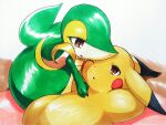 025aki 3_fingers 4:3 ambiguous_gender anthro belly brown_eyes cuddling dipstick_ears duo ear_markings feral fingers generation_1_pokemon generation_5_pokemon glistening glistening_body green_body hands_behind_back hi_res hug leaf leaf_body leaf_tail looking_at_another lying markings multicolored_body multicolored_ears neck_collar nintendo on_back one_eye_closed open_mouth pikachu pokemon pokemon_(species) red_cheeks simple_background smile snivy tail tan_body yellow_belly yellow_body yellow_eyelids