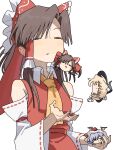  1girl ascot bow brown_eyes brown_hair commentary_request detached_sleeves frilled_bow frilled_hair_tubes frills hair_bow hair_tubes hakurei_reimu highres juggling kirisame_marisa long_hair mozupoko open_mouth red_bow red_skirt remilia_scarlet ribbon-trimmed_sleeves ribbon_trim simple_background skirt skirt_set solo touhou twitter_username white_background yellow_ascot yukkuri_shiteitte_ne 
