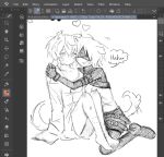  2boys akevirche akira_(togainu_no_chi) animal_ears black_boots black_shirt black_shorts blush boots crop_top dog_boy dog_ears dog_tail giggling hair_between_eyes heart hickey highres kau_(togainu_no_chi) long_sleeves male_focus multiple_boys open_mouth scar scar_on_stomach shirt shorts sitting sleeves_past_fingers sleeves_past_wrists speech_bubble tail tail_wagging togainu_no_chi white_shirt yaoi 
