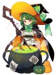  1boy cauldron cloak elf full_body green_hair halloween hat highres holding holding_wand l_(matador) mandrake may_richelle mouse_(animal) mushroom pale_skin pointy_ears pumpkin red_eyes ribbon root_eden simple_background transparent_background wand 