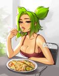  1girl artist_name bandaid bandaid_on_face bangs bare_shoulders blushyspicy breasts collarbone eating food highres league_of_legends pasta smile solo spaghetti spoon twintails zeri_(league_of_legends) 