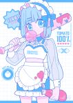  1girl absurdres apron baseball_bat blowing_bubble_gum blue_border blue_bow blue_eyes blue_hair blue_hairband blue_skirt blunt_bangs blush border bottle bow chewing_gum collared_shirt colored_inner_hair commentary cowboy_shot crop_top earrings english_text frilled_apron frilled_skirt frills grid_background hair_bow hair_ornament hairband hairclip happy_(happi_illust) heart highres holding holding_baseball_bat holding_bottle jewelry ketchup long_sleeves looking_at_viewer maid maid_apron maid_headdress midriff miniskirt multicolored_hair nail_(hardware) nail_bat original pastel_colors pink_hair puffy_long_sleeves puffy_sleeves see-through_clothes see-through_sleeves shirt short_hair signature simple_background skirt solo two-tone_hair waist_apron weapon white_apron white_background 