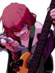  absurdres armpits aruke_(gter7727) bachi bare_shoulders bass_guitar black_bow black_jacket black_nails bocchi_the_rock! bow braid collarbone commentary crazy crazy_eyes crazy_smile dress earrings fingernails green_dress hair_bow hair_over_shoulder hanafuda hanafuda_earrings highres hiroi_kikuri holding holding_instrument holding_plectrum instrument jacket jewelry looking_at_viewer multicolored_jacket nail_polish open_clothes open_jacket partially_shaded_face pixiv_username playing_bass_guitar playing_instrument plectrum purple_eyes purple_hair shamisen sharp_teeth single_braid smile strap_slip teeth tongue translated two-tone_jacket white_background 