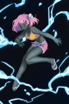  1girl absurdres bare_arms bare_legs bare_shoulders black_background bolt_(hardware) breasts colored_inner_hair colored_skin commentary crop_top dolphin_shorts electricity electrokinesis english_commentary flip-flops full_body grey_skin highres jumping medium_breasts midriff monster_girl multicolored_hair navel object_through_head orange_tank_top original piku184 pink_hair pink_shorts purple_hair purple_shorts sandals screw_in_head short_hair short_shorts shorts solo stitched_arm stitched_leg stitched_neck stitches stomach tank_top toes two-tone_hair zombie 