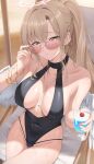  1girl absurdres adjusting_eyewear aviator_sunglasses black_one-piece_swimsuit blonde_hair blue_archive blush bracelet breasts brown-tinted_eyewear brown_eyes commentary covered_navel cross_halo cup earrings feathered_wings halo halterneck highres holding holding_cup hoop_earrings jewelry large_breasts long_hair looking_at_viewer low_wings nagisa_(blue_archive) nagisa_(swimsuit)_(blue_archive) official_alternate_costume official_alternate_hairstyle one-piece_swimsuit pink_halo shinigami_kiraki solo sunglasses swimsuit tinted_eyewear white_wings wings 
