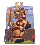 absurd_res air_inflation animate_inanimate anthro anthromage bell bell_collar brown_body brown_hair collar day deer digital_media_(artwork) fence green_eyes hair hi_res horn hose hose_inflation inflatable inflation living_inflatable looking_down male mammal nozzle nozzle_on_thigh outside plant ponytail seam_(sewing) smile solo standing tail tree wood wood_fence