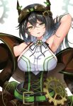  1girl arm_up armpits artisaria bare_arms bare_shoulders belt belt_buckle black_belt black_hair blush breasts brown_corset brown_jacket brown_skirt buckle cardfight!!_vanguard collared_shirt corset embarrassed gears goggles goggles_on_head green_belt green_hair green_trim hair_between_eyes hand_in_own_hair highres horns jacket large_breasts long_hair mechanical_horns multicolored_hair neck_ribbon off_shoulder open_mouth presenting_own_armpit ribbon shirt shoulder_strap skirt sleeveless solo steaming_body sweat tstar423 white_background white_shirt yellow_eyes 