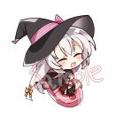  1girl :d ^_^ absurdres ayachi_nene ayachi_nene_(witch) belt belt_bra black_cape black_hat black_skirt blush bow cape chibi chibi_only closed_eyes commentary detached_sleeves facing_viewer full_body grey_hair hair_between_eyes hair_bow hair_ribbon hat highres long_hair mahoutsukai_ame miniskirt open_mouth pink_belt pleated_skirt remote_control_vibrator ribbon sample_watermark sanoba_witch sex_toy sidelocks simple_background sitting skirt smile solo twitter_username very_long_hair vibrator watermark white_background witch_hat yellow_bow yellow_ribbon 