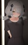  1girl 4kebidayo arms_behind_back black_nightgown blurry blush breath closed_mouth commentary_request dark_room depth_of_field dracaene_sunbringer grey_hair hair_over_one_eye highres holding looking_at_viewer loving_aura nightgown portrait solo steam twintails white_hair yellow_eyes zenless_zone_zero 