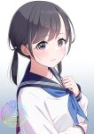  1girl absurdres black_hair black_sailor_collar blue_neckerchief closed_mouth commentary_request dot_nose from_side gradient_background hand_up highres long_sleeves looking_at_viewer looking_to_the_side medium_hair neckerchief original pancake_(pocket_domori) sailor_collar sailor_shirt school_uniform shirt smile solo sparkling_eyes turning_head twintails upper_body watermark white_background white_shirt 