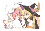  >_< 2girls :d alternate_costume black_cape black_hat blonde_hair blush bocchi_the_rock! bow broom candy cape closed_eyes commentary cropped_torso dual_wielding food from_side furrowed_brow ghost_costume gotoh_hitori hair_between_eyes halloween halloween_costume hands_up hat hat_bow holding holding_broom holding_candy holding_food ijichi_nijika korean_text long_hair long_sleeves looking_at_another multiple_girls mydandeliongirl one_side_up open_mouth orange_background outline pink_bow pink_hair polka_dot polka_dot_bow profile puffy_long_sleeves puffy_sleeves red_eyes shirt simple_background sleeves_past_fingers sleeves_past_wrists smile star_(symbol) sweatdrop translation_request untranslatable_commentary upper_body white_background white_outline white_shirt wide_sleeves witch witch_hat 