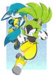  1boy 1girl absurdres animal_ear_piercing animal_ears black_shirt clenched_hands clenched_teeth commentary electricity english_commentary fox_boy fox_ears fox_tail furry furry_female furry_male gloves highres kitsunami_the_fennec leslietheluna looking_to_the_side pants ponytail sharp_teeth shirt sonic_(series) sonic_the_hedgehog_(idw) surge_the_tenrec tail teeth tenrec_girl white_gloves yellow_pants 