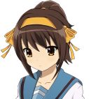  1girl bangs blue_sailor_collar brown_eyes brown_hair closed_mouth collarbone hair_ribbon hairband highres kita_high_school_uniform official_alternate_hairstyle ponytail portrait ribbon sailor_collar school_uniform serafuku short_hair simple_background solo suzumiya_haruhi suzumiya_haruhi_no_yuuutsu tsukumo_(tsukumo_sos) white_background yellow_hairband yellow_ribbon 