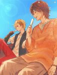  2boys animification ankh_(ooo) blonde_hair bracelet brown_hair brown_pants commentary_request curtained_hair food gauntlets hand_up highres hino_eiji holding holding_food holding_popsicle jewelry kamen_rider kamen_rider_ooo_(series) knee_up lapels long_sleeves looking_at_another male_focus multiple_boys notched_lapels open_mouth outdoors pants popsicle red_pants short_hair short_sleeves single_gauntlet sitting sky smile tamu_(n_ntm7) teeth twitter_username upper_teeth_only 