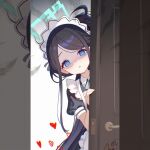  1girl absurdres apron aqua_halo aris_(blue_archive) aris_(maid)_(blue_archive) aura black_dress black_hair black_wrist_cuffs blue_archive blue_eyes commentary dark_aura doorway dress english_commentary frilled_apron frills halo heart highres long_hair looking_at_viewer maid_apron maid_headdress nyarnya official_alternate_costume open_mouth ponytail pov_doorway puffy_short_sleeves puffy_sleeves rectangular_halo shaded_face short_sleeves solo white_apron wrist_cuffs 