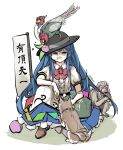  1girl animal_on_head belt bird black_belt black_hat blue_hair blue_skirt bow bowtie brown_shoes buttons collared_shirt commentary_request eating flag food frilled_shirt frilled_skirt frills fruit grabbing_another's_hair green_pheasant grey_hair hat hat_ornament highres hinanawi_tenshi holding holding_another's_hair holding_food japanese_macaque leaf_hat_ornament long_hair monkey on_head open_mouth peach peach_hat_ornament peroponesosu. pheasant red_bow red_bowtie shaded_face shirt shoes short_sleeves sitting skirt tail tail_wagging touhou translation_request very_long_hair white_background 