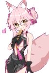  1girl animal_ear_fluff animal_ears bare_shoulders black_dress black_gloves blush breasts chibi china_dress chinese_clothes closed_mouth clothing_cutout commentary cowboy_shot double_bun dress fate/grand_order fate_(series) folded_fan folding_fan fox_ears fox_tail glasses gloves hair_between_eyes hair_bun hair_ornament hand_fan holding holding_fan koyanskaya_(chinese_lostbelt_outfit)_(fate) koyanskaya_(fate) large_breasts looking_at_viewer pink_hair rabiiandrain side_slit sidelocks simple_background smile solo tail tamamo_(fate) tassel tassel_hair_ornament underboob_cutout white_background yellow_eyes 