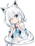  1girl ;t ahoge animal_ear_fluff animal_ears aqua_eyes bangs blue_neckerchief blush chibi detached_sleeves double_fox_shadow_puppet ear_piercing earrings fox_ears fox_girl fox_shadow_puppet front_slit grey_hair hair_between_eyes hololive jewelry long_hair looking_at_viewer low_ponytail navel neckerchief piercing rabiiandrain shirakami_fubuki simple_background single_earring solo strapless virtual_youtuber white_background white_sleeves wide_sleeves 