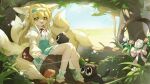  1girl :d absurdres animal_ears ankle_cuffs arknights black_cat blonde_hair blue_hairband blue_skirt blue_sky brown_footwear cat day forest fox_ears fox_girl fox_tail green_eyes hair_down hairband highres katachi_noboru_nishikino kitsune long_hair long_sleeves looking_at_viewer luoxiaohei multicolored_hair multiple_tails mushroom nature neck_ribbon official_alternate_costume open_mouth outdoors petting plant red_ribbon ribbon shirt sitting skirt sky smile solo streaked_hair suzuran_(arknights) suzuran_(spring_praise)_(arknights) tail teeth the_legend_of_luo_xiaohei tree tree_stump upper_teeth white_hair white_shirt 