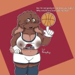 1:1 alexandria(bawnzybun) anthro areola areola_outline basketball bawnzybun big_breasts big_butt breasts brown_areola brown_body brown_fur brown_nipples butt clothed clothing dialogue english_text female freckles fur lagomorph leporid mammal navel nipple_outline nipples rabbit solo text thick_thighs