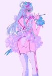  1girl aqua_hair ass back bare_back bare_shoulders blue_eyes blue_hair bow choker commentary earrings feet_out_of_frame fingernails frills from_behind garter_straps glasses hair_bow hair_ornament heart highres holding holding_wand jewelry lace-trimmed_panties lace_trim long_fingernails long_hair looking_at_viewer looking_back multicolored_hair najuco_(naju0517) neon_palette original panties pastel_colors pink_background pink_bow pink_ribbon pink_skirt pink_theme pinky_out profile purple_theme ribbon simple_background skirt solo standing streaked_hair thigh_gap thighhighs two_side_up underwear wand white_panties white_thighhighs wrist_cuffs 