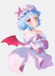  1girl arms_under_breasts bare_shoulders bat_wings blue_hair breasts brooch collarbone dress grey_background hat highres jewelry long_sleeves looking_at_viewer mob_cap off-shoulder_dress off_shoulder pink_dress pout red_eyes remilia_scarlet short_hair simple_background small_breasts solo tachibana_shiori_(suica_112) touhou v-shaped_eyebrows white_background wings 