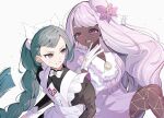  2girls apron ascot black_romper blunt_bangs blush bow bowtie braid braided_ponytail breasts brown_eyes commentary dark-skinned_female dark_skin dress fascinator fishnet_pantyhose fishnets frilled_ascot frills glove_bow gloves green_hair highres jacinthe_(pokemon) juliet_sleeves lebanne_(pokemon) long_hair long_sleeves low_drills maid maid_apron maid_headdress master_and_servant medium_breasts mega_stone multiple_girls nii_(marimo_416) open_mouth pantyhose pokemon pokemon_legends:_z-a puffy_sleeves purple_dress purple_eyes purple_hair revision romper simple_background smile sweatdrop teeth tsurime upper_teeth_only very_dark_skin very_long_braid white_bow white_bowtie white_gloves 
