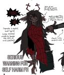 2026 anthro antlers baseball_bat bat_(object) biped black_hair brown_body brown_fur clothed clothing content_warning crazy_eyes crooked_teeth december_holiday deer deltarune dialogue digital_drawing_(artwork) digital_media_(artwork) directional_arrow english_text female female_anthro fur hair hi_res holding_baseball_bat horn impwolf666 insane long_hair mammal missing_ear model_sheet multiple_images new_world_deer scut_tail short_tail simple_background sketch_page snout solo tail text undertale_(series) white_background