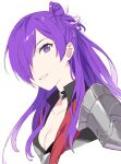  1girl armor asymmetrical_clothes bangs breasts choker cleavage closed_mouth fire_emblem fire_emblem:_three_houses fire_emblem_warriors:_three_hopes hair_bun hair_over_one_eye large_breasts long_hair looking_at_viewer medium_breasts menoko purple_eyes purple_hair shez_(fire_emblem) shez_(fire_emblem)_(female) simple_background single_hair_bun solo 