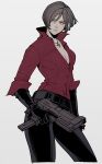  1girl ada_wong belt black_belt black_gloves black_pants bob_cut breasts brown_eyes brown_hair buttons cleavage collared_shirt contrapposto cowboy_shot cross cross_necklace finger_on_trigger gloves gun hair_between_eyes highres holding holding_gun holding_weapon jewelry long_sleeves looking_to_the_side medium_breasts necklace oimo_(oimkimn) pants popped_collar red_shirt resident_evil resident_evil_6 shirt short_hair sleeves_rolled_up solo weapon white_background 