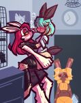 2026 aliasing anthro arm_tuft arm_wraps arthropod black_wraps blonde_hair blue_hair blush blush_lines bottomwear brown_body bubble carrying_another caught_in_the_act clipboard clock clothing cococrab detailed_background digital_drawing_(artwork) digital_media_(artwork) female female/female group hair insect knee_tuft lagomorph leg_tuft leg_wraps lepidopteran leporid looking_at_another mammal moth moth_antennae mottled mottled_body multicolored_hair rabbit red_eyes red_hair shirt shoulder_tuft signature tan_body thick_thighs topwear trio tuft two_tone_hair white_body white_clothing white_shirt white_topwear wraps yellow_bottomwear yellow_clothing yellow_sclera yellow_topwear
