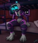 3_toes anthro barred_window bars bed being_watched bunk_bed chrisssfloof clock digital_clock electronics feet felid feline for_a_head furniture glowing glowing_eyes hi_res kerfur_omega_(votv) looking_at_another looking_at_viewer machine male mammal mattress object_head paws pillow robot screen screen_face screen_head sitting solo television thick_thighs toes tv_head voices_of_the_void voyeur white_eyes white_hands white_paws