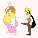 1:1 2026 2_horns 4_fingers anthro arm_hair asgore_dreemurr beard belly black_clothing black_footwear black_shoes blonde_beard blonde_eyebrows blonde_facial_hair blonde_hair blush bodily_fluids body_hair bottomwear bovid brown_bottomwear brown_clothing brown_pants bulge caprine clothing crown darkner deltarune digital_drawing_(artwork) digital_media_(artwork) duo elemental_creature english_description erection erection_under_clothing eyebrows facial_hair fingers flora_fauna flower flower_creature flowery_(deltarune) footwear fur goat hair hand_in_pocket headgear hi_res horn humanoid lightner male mammal meme orange_clothing orange_topwear orange_vest overweight overweight_anthro overweight_male pants pink_bottomwear pink_clothing pink_pants plant pockets saliva saliva_string shirt shoes side_view simple_background smile standing sukrsucker tenting topwear undertale_(series) vest white_background white_body white_clothing white_fur white_shirt white_topwear yellow_body yellow_clothing yellow_shirt yellow_skin yellow_topwear
