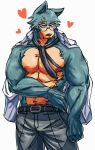  &lt;3 2022 abs anthro barazoku beastars belt big_muscles bottomwear canid canine canis clothed clothing eyewear fur glasses hi_res huge_muscles legoshi_(beastars) looking_at_viewer male mammal muscular muscular_anthro muscular_male necktie nipples open_clothing open_shirt open_topwear pants pecs scar shirt simple_background solo standing teseirei topless topless_anthro topless_male topwear tuft white_background wolf 