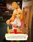 3d_(artwork) 5_fingers alcohol animal_crossing anthro beverage big_breasts black_nose blush bottomwear breasts button_(fastener) canid canine canis christmas_present clothing dialogue digital_media_(artwork) domestic_dog doom_(series) doom_slayer door drunk english_text exposed_breasts female fingers first_person_view fur gift hi_res human id_software inside isabelle_(animal_crossing) jack_daniel's looking_at_viewer mammal microsoft nintendo nipples pink_clothing pink_nipples pink_shirt pink_topwear requesting sex_request shih_tzu shirt skirt solo substance_intoxication talking_to_viewer text thedirtyant topwear toy_dog unbuttoned_shirt whiskey white_body white_fur yellow_body yellow_eyes yellow_fur