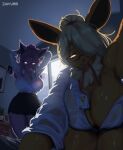 2026 absurd_res anthro big_breasts blonde_hair bodily_fluids breasts clothed clothing condom digital_media_(artwork) duo e621 eeveelution espeon eyewear female female_anthro flareon fur generation_1_pokemon generation_2_pokemon glasses hair hi_res huge_breasts looking_at_viewer mammal nintendo orange_body orange_fur pokemon pokemon_(species) purple_body purple_fur purple_hair sexual_barrier_device shirt sweat sweaty_body sweaty_breasts sweaty_legs sweaty_thighs tail thick_thighs topwear wet wet_clothing zaivurin