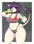 absurd_res alcohol alys_faiblesse_(zelripheth) anthro arm_tuft beer beer_glass beverage big_breasts big_butt black_eyeshadow black_hair breasts butt canid canine canis clothing domestic_dog eyebrow_piercing eyeshadow facial_piercing female floppy_ears hair hand_on_hip hi_res makeup mammal norwegian_flag piercing poodle purple_eyes shirt solo standard_poodle tail tail_tuft tank_top thong topwear tuft underwear wide_hips wrist_tuft zelripheth