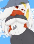  anthro awintermoose big_breasts breasts clothed clothing day female generation_8_pokemon hi_res holding_object looking_at_viewer nintendo pokemon pokemon_(species) pokemorph raboot red_eyes solo thick_thighs under_boob video_games white_body 